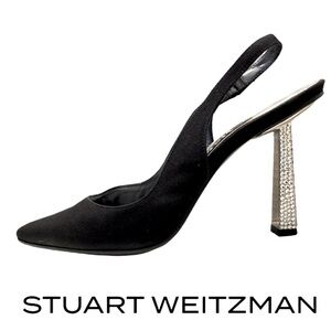 STUART WEITZMAN | Black Satin Crystal Leather Slingback Pumps Sandals High Heels